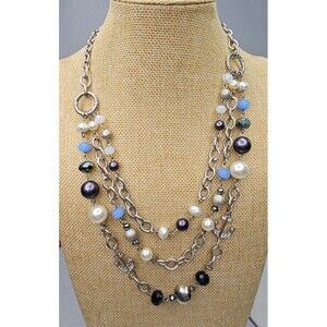 RMN Triple Strand Nautical Faux Pearl Beaded Chain Necklace 20"L + Extender